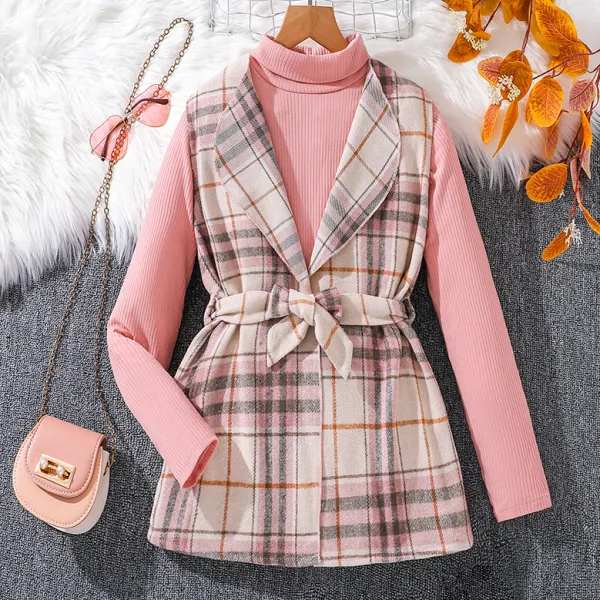 【7Y-12Y】2-piece Girls Stylish Pink Long Sleeve T-shirt And Plaid Vest Set - Popopieshop.com 
