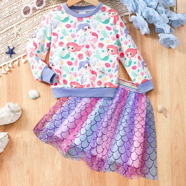 【2Y-7Y】2-piece Girls Sweet Cartoon Mermaid Print Round Neck Sweatshirt And Puffy Mesh Skirt Set - Popopieshop.com 