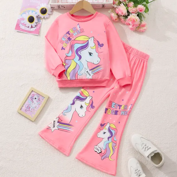 【2Y-7Y】2-piece Girls Cute Pink Unicorn Print Round Neck Sweatshirt And Flare Pants Set - Popopieshop.com 
