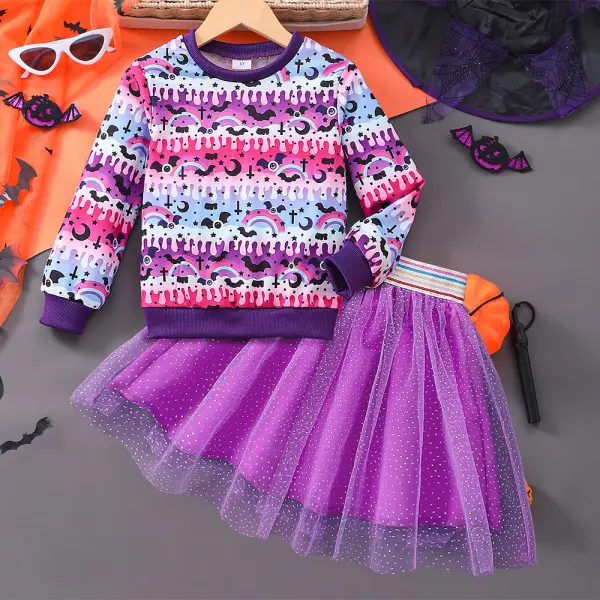 【2Y-7Y】2-piece Girls Halloween Cartoon Bat Pumpkin Print Round Neck Sweatshirt And Puffy Mesh Skirt Set - Popopieshop.com 