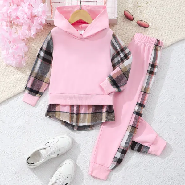 【2Y-7Y】Girls Casual Pink Fake Two-piece Plaid Hooded Sweatshirt And Pants Set - Popopieshop.com 