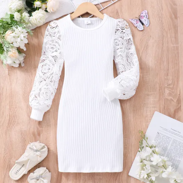 【7Y-12Y】Girls Sweet White Spliced ​​Hollow Lace Puff Sleeve Dress - Popopieshop.com 