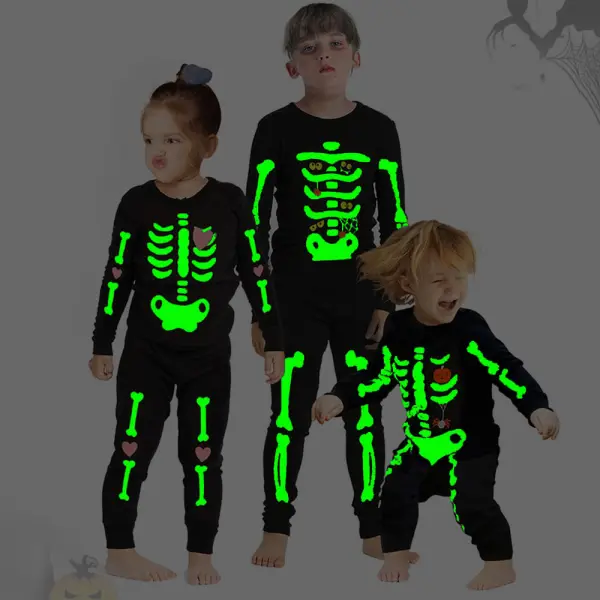 【2Y-11Y】2-piece Unisex Kids Luminous Halloween Print Long Sleeve Pajama Set - Popopieshop.com 