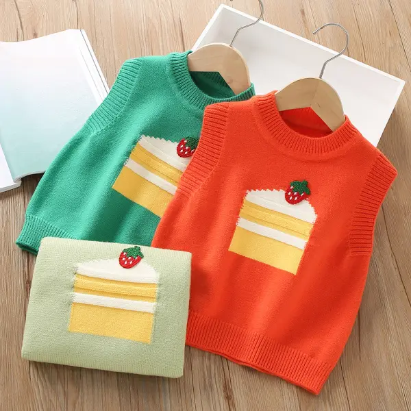 【18M-6Y】Girls Strawberry Cake Pattern Sweater Vest - Popopieshop.com 