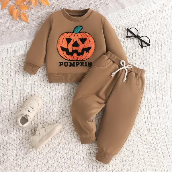 【6M-4Y】2-piece Boys Brown Halloween Pumpkin Embroidered Round Neck Sweatshirt And Pants Set - 44116 - Popopieshop.com 