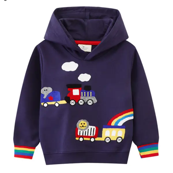 【18M-7Y】Boys Navy Train Embroidered Long Sleeve Hooded Sweatshirt - Popopieshop.com 