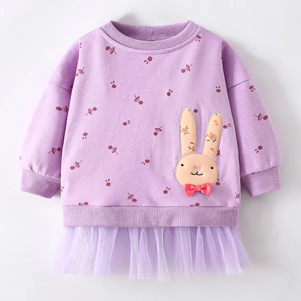 【18M-7Y】Girls Cute Floral Print And Bow Bunny Embroidered Purple Sweatshirt - Popopieshop.com 