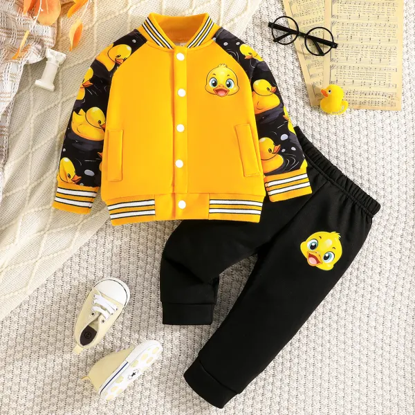【6M-3Y】2-Piece Unisex Baby Cute Cartoon Duck Print Jacket And Pants Set - Popopieshop.com 
