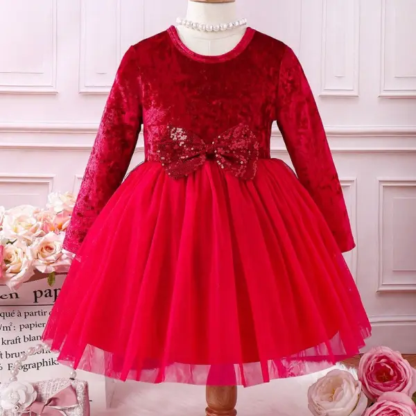 【3Y-7Y】Girl Sweet Red Velvet Bowknot Splicing Layered Tulle Long-sleeved Dress - Popopieshop.com 