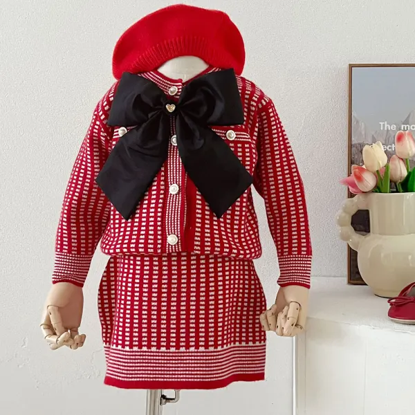 【18M-6Y】2-piece Girls Sweet Plaid Jacquard Bowknot Round Neck Sweater Coat And Skirt Set - Popopieshop.com 