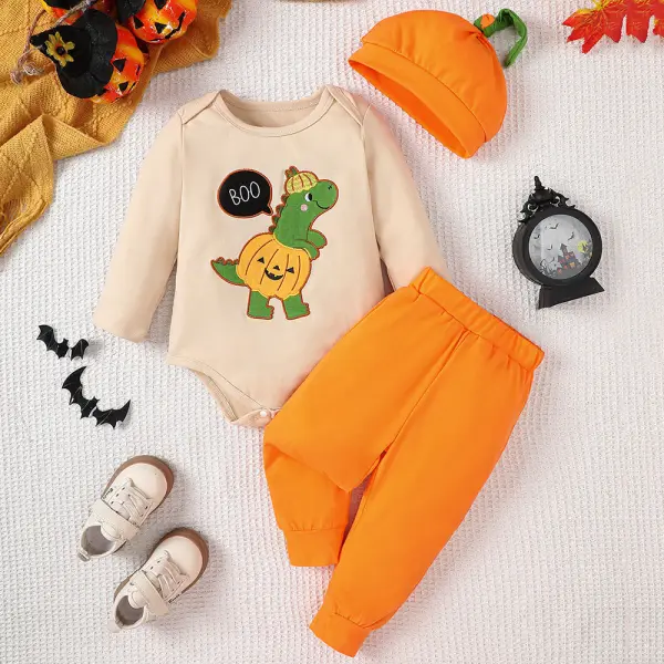 【0M-18M】3-piece Boys Baby Halloween Dinosaur Embroidered Long Sleeve Romper And Pants Set With Hat - Popopieshop.com 