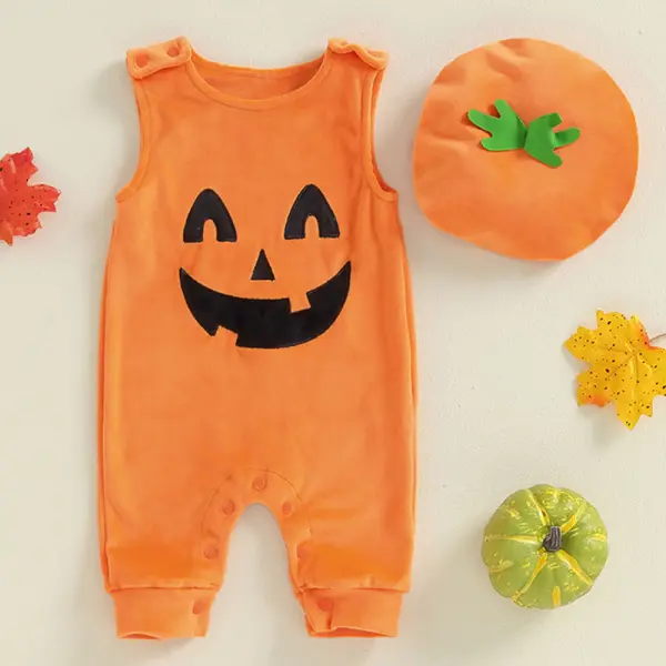【0M-18M】2-piece Unisex Baby Orange Flannel Halloween Embroidered Sleeveless Romper With Hat - Popopieshop.com 