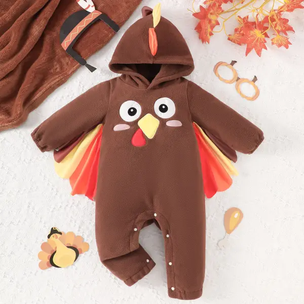【0M-18M】Unisex Baby Brown Flannel Thanksgiving Turkey Embroidered Long Sleeve Hooded Romper - Popopieshop.com 