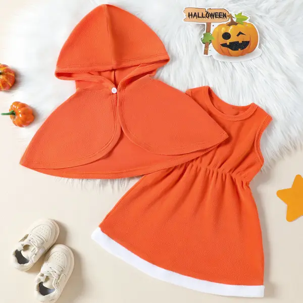 【3M-24M】2-piece Baby Girl Orange Flannel Halloween Dress And Cape Set - Popopieshop.com 