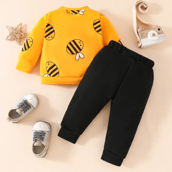 【3M-24M】2-Piece Unisex Baby Cute Bee Print Yellow Sweatshirt And Pants Set - Popopieshop.com 