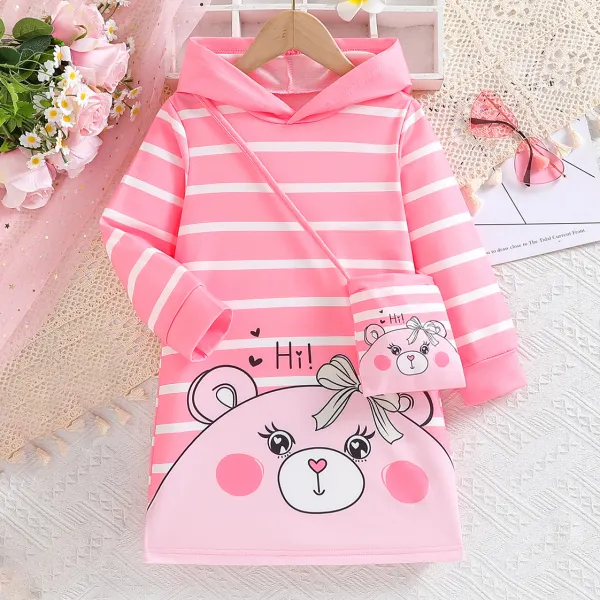 【3Y-7Y】2-Piece Girls Cute Stripe And Bear Print Hooded Sweatshirt Dress And Bag Set - Popopieshop.com 