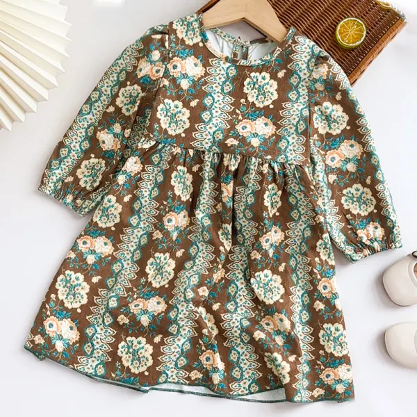 【2Y-7Y】Girls Vintage Fashion Floral Print Khaki Corduroy Dress - Popopieshop.com 