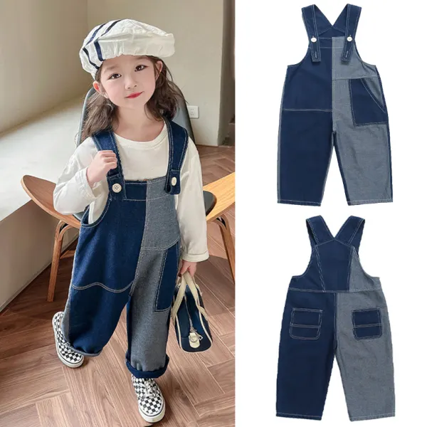 【18M-8Y】Girls Stylish Colorblock Patchwork Blue Denim Overalls - 3519 - Popopieshop.com 