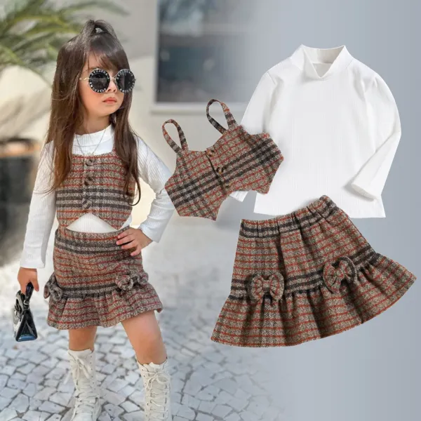 【18M-6Y】3-piece Girls Fashionable White T-shirt And Tweed Plaid Vest And Bowknot Skirt Set - Popopieshop.com 