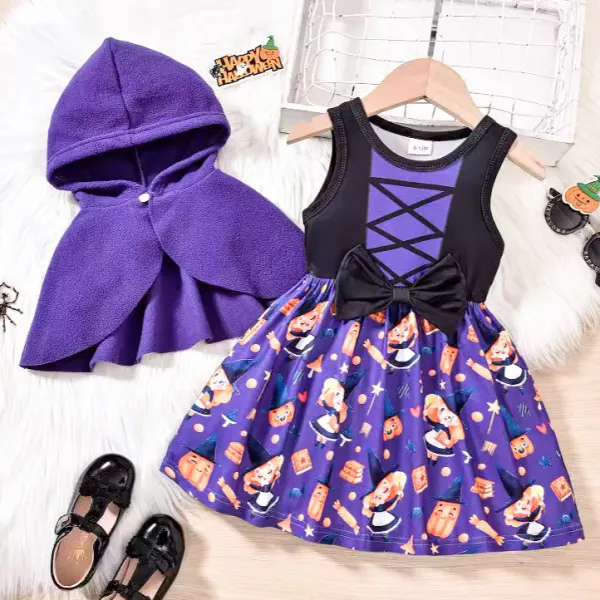 【9M-4Y】2-Piece Girls Casual Halloween Print Purple Butterfly Festival Dress And Hooded Poncho Set - Popopieshop.com 