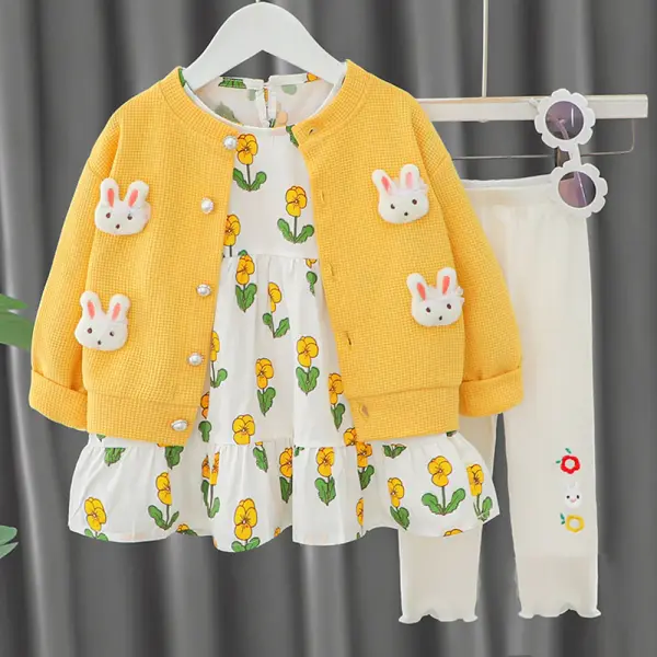 【6M-3Y】3-Piece Baby Girl Floral Long Sleeve Dress And Bunny Applique Cardigan And Leggings Set - Popopieshop.com 