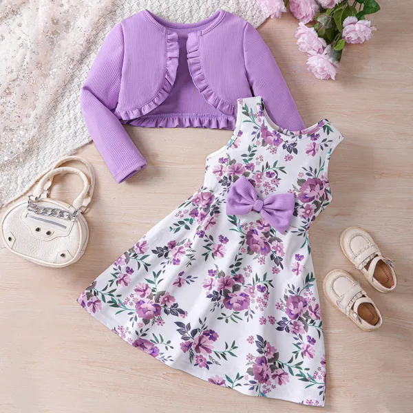 【18M-6Y】2-piece Girls Floral Sleeveless Dress And Cardigan Set - 34580 - Popopieshop.com 