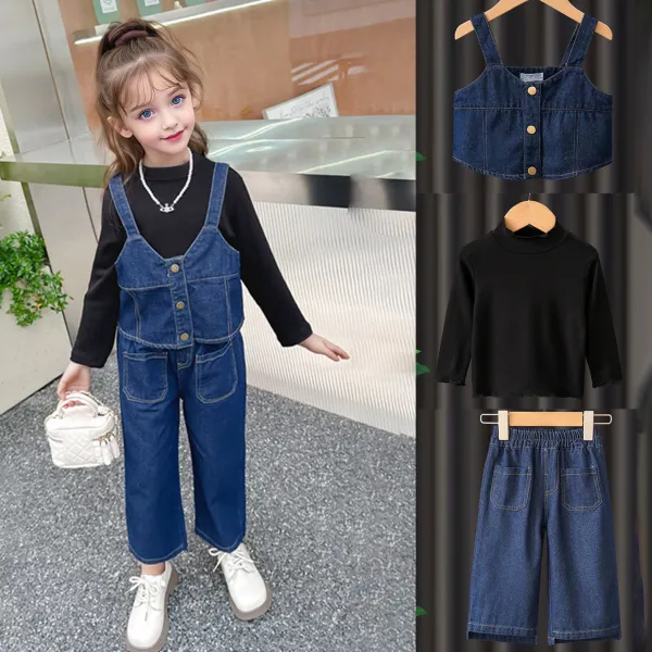 【18M-6Y】Girls Stylish Black T-shirt And Blue Denim Vest And Jeans Set - Popopieshop.com 