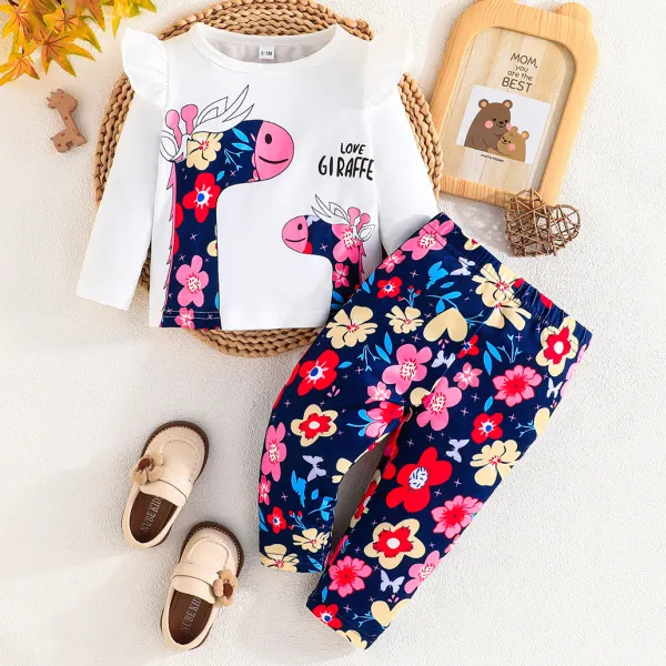 【6M-3Y】2-piece Baby Girls Cute Floral Giraffe Print T-shirt And Pants Set - Popopieshop.com 