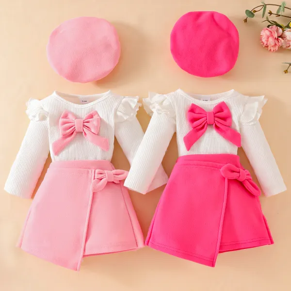 【6M-3Y】3-piece Baby Girl Cute Bow White T-shirt And Red Pink Tweed Skirt Set With Hat - Popopieshop.com 