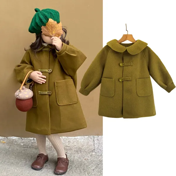 【18M-6Y】Girls Stylish Olive Green Lapel Tweed Coat - Popopieshop.com 