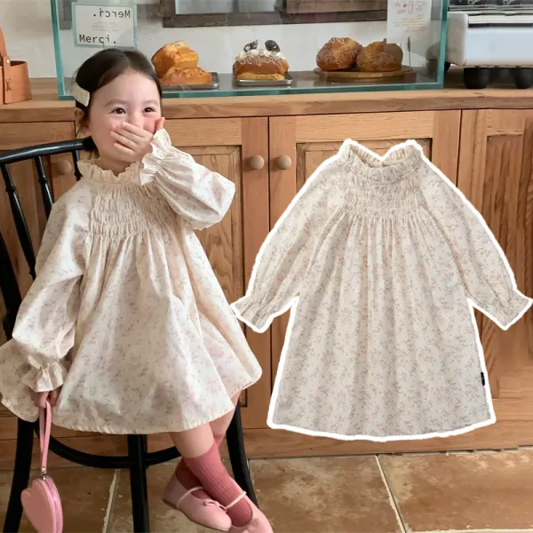 【18M-8Y】Girls Retro Floral Ruffle Puff Sleeve Dress - Popopieshop.com 