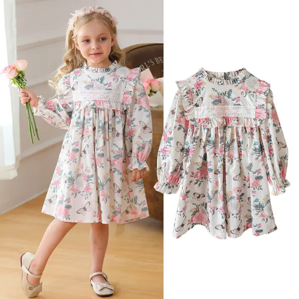【18M-8Y】Girls Sweet Butterfly Flower Print Ruffled Puff Sleeve Dress - 33504 - Popopieshop.com 