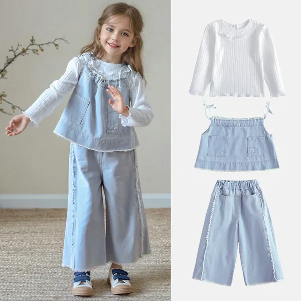 【2Y-8Y】3-piece Girls Sweet White Doll Collar Long-sleeved T-shirt Suspender Denim Top And Fringed Wide-leg Pants Set - 34746 - Popopieshop.com 