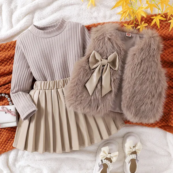 【3Y-7Y】3-piece Girls Fashion Solid Color Long Sleeve Sweater Keep Warm Fur Vest Coat And Leather Pleated Skirt Set - Popopieshop.com 