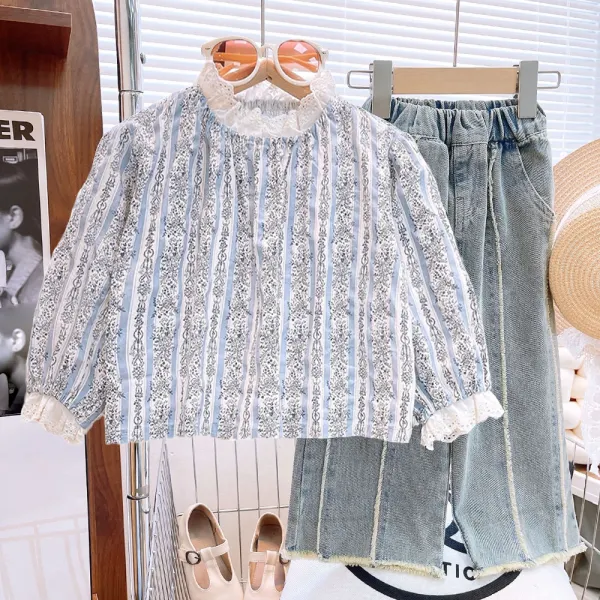 【2Y-8Y】2-piece Girls Sweet Floral Printed Puff Sleeve Shirt And Tassel Jeans Set - Popopieshop.com 