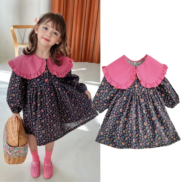 【12M-6Y】Girls Retro Floral Print Doll Collar Colorblock Long Sleeve Dress - Popopieshop.com 