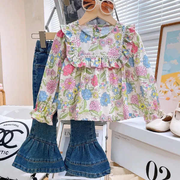 【2Y-8Y】2-piece Girls Sweet Floral Print Ruffled Puff Sleeve Shirt And Flared Jeans Set - Popopieshop.com 