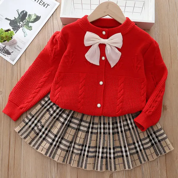 【18M-6Y】2-piece Girls Bow Sweater Cardigan And Plaid Pleated Skirt Set - Popopieshop.com 