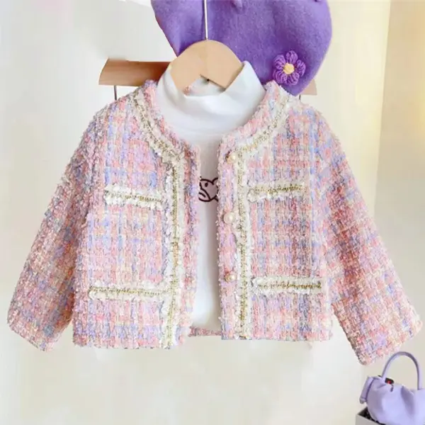 【18M-8Y】Girls Pink Tweed Plaid Jacket - Popopieshop.com 