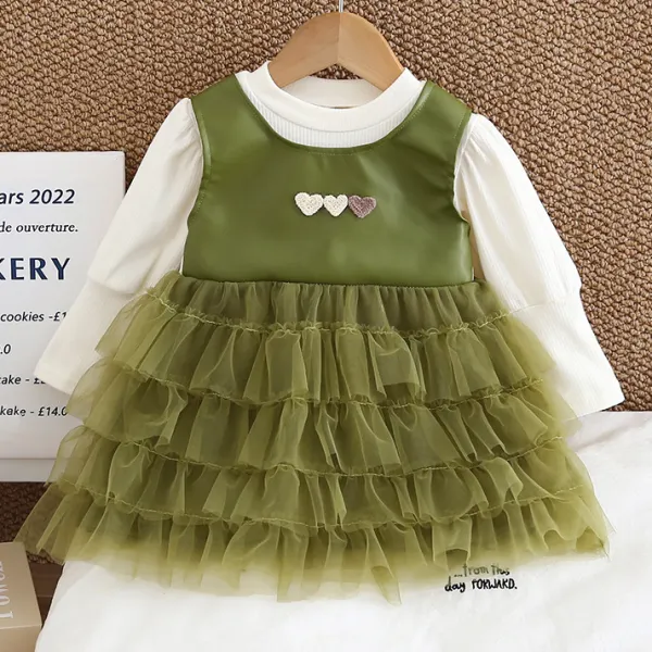 【6M-3Y】Baby Girl Cute Heart Shape Embroidered Ruffle Mesh Fake Two Piece Dress - Popopieshop.com 