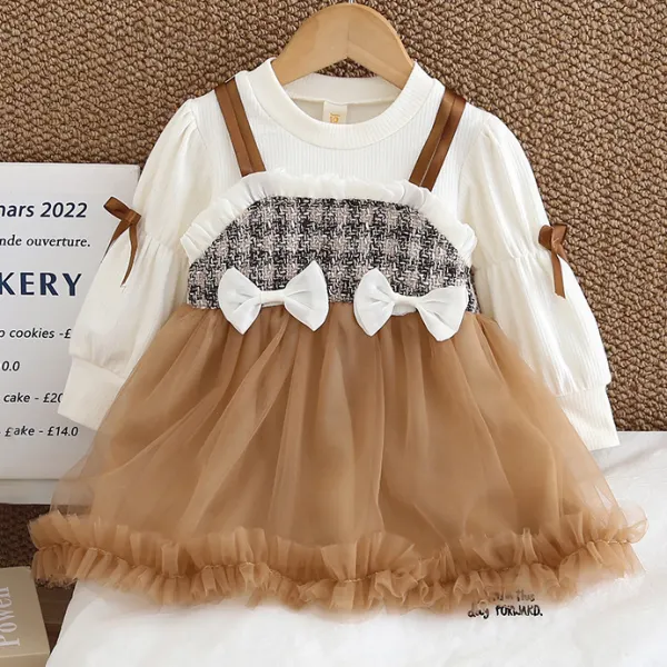 【6M-3Y】Baby Girl Cute Bow Design Fake Two Piece Dress - Popopie.com 
