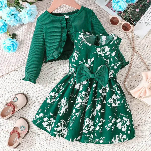 【6M-3Y】2-piece Baby Girl Cute Bow Floral Print Dress And Green Ruffle Set - Popopieshop.com 