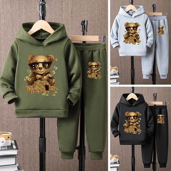 【2Y-8Y】2-piece Boys Casual Cute Bear Print Keep Warm Hooded Sweatshirt And Pants Set - Popopieshop.com 