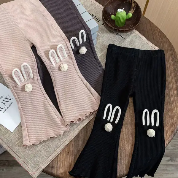 【2Y-8Y】Girls Cute Cotton Rabbit Embroidered Small Pom Pom Flared Pants - Popopieshop.com 