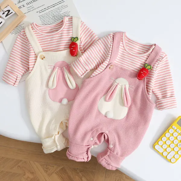 【6M-3Y】2-piece Baby Girl Striped Long Sleeve Top And Bunny Embroidered Overalls Set - Popopieshop.com 