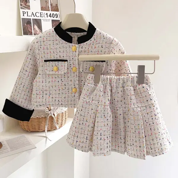 【18M-8Y】2-piece Girls Tweed Jacket And Pleated Skirt Set - Popopieshop.com 