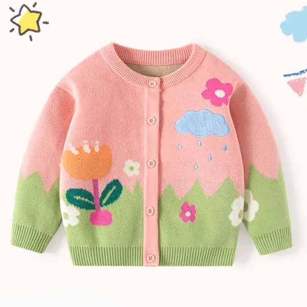 【12M-6Y】Girls Pink Floral Long Sleeve Sweater Cardigan - Popopieshop.com 