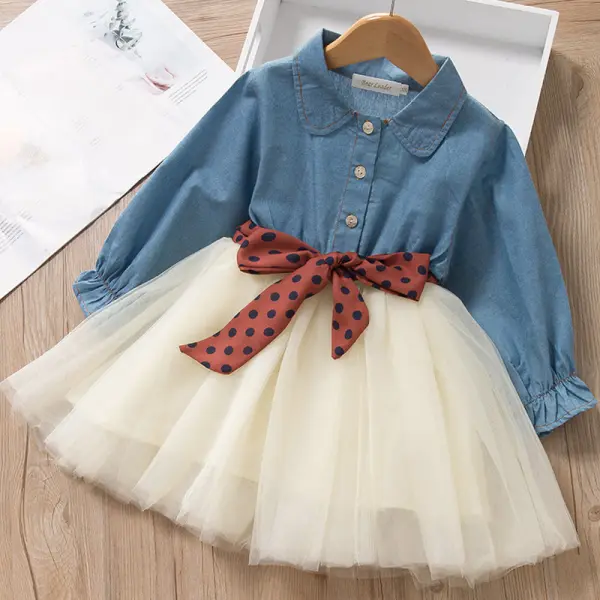 【18M-6Y】Girls Denim Mesh Long Sleeve Dress - Popopieshop.com 