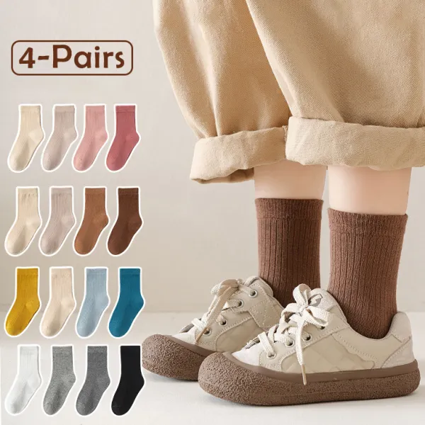 【1Y-11Y】4-pair Kids Fashionable And Comfortable Solid Color Socks Set - Popopieshop.com 