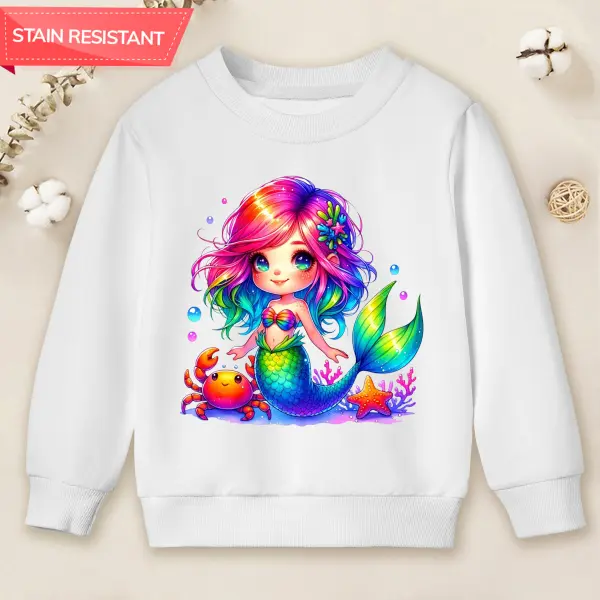 【12M-9Y】Girl Mermaid And Crab Print Cotton Stain Resistant Long Sleeve Sweatshirt - Popopieshop.com 